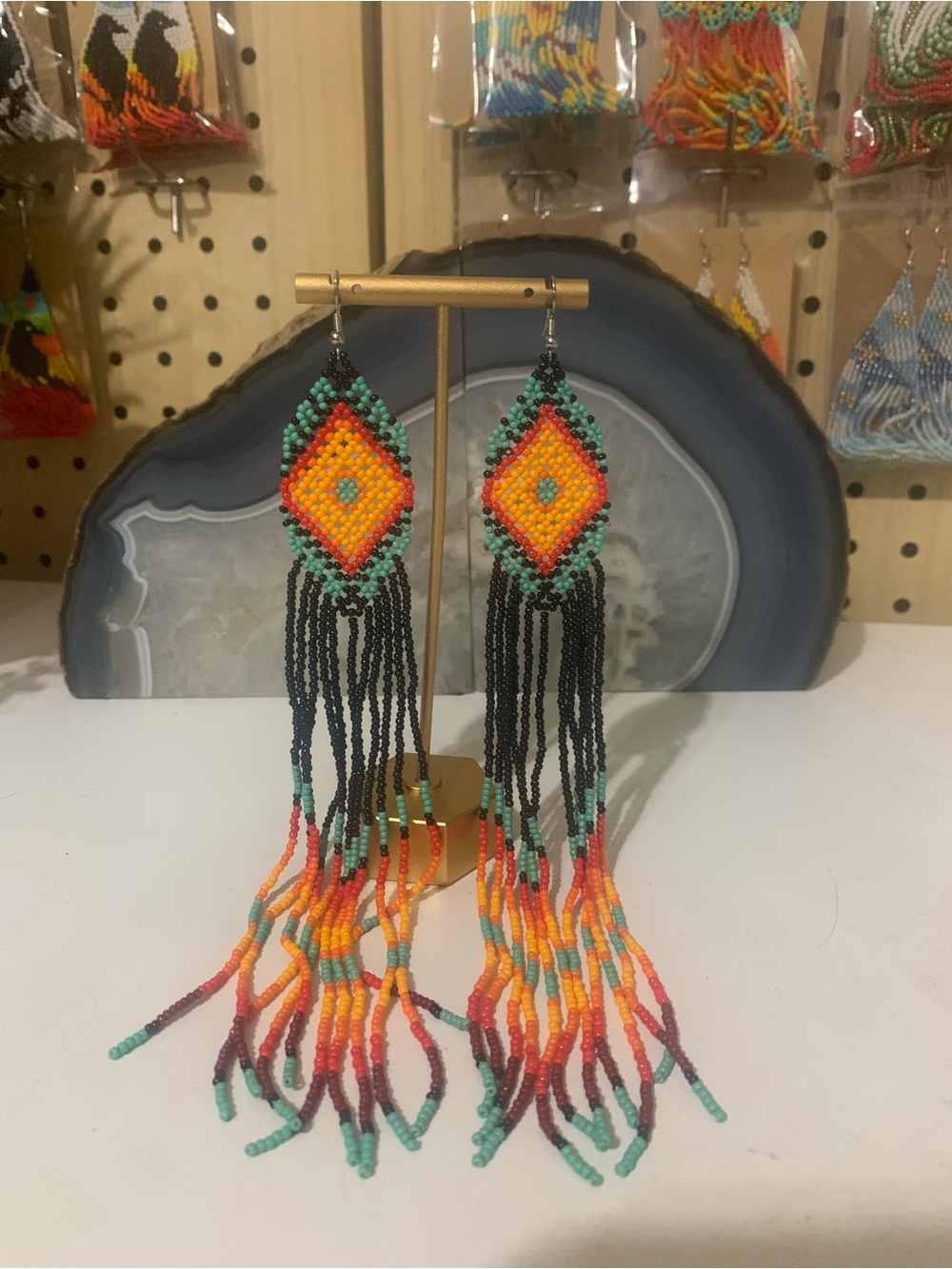 Handmade Multicolor Beaded Fringe Earrings - Turquoise, Orange & Black